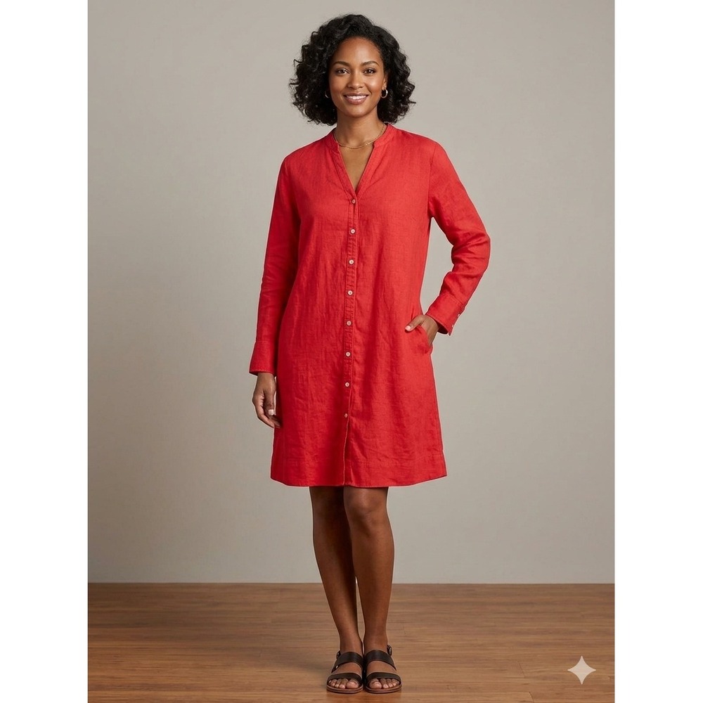 Joie Red 100% Linen Button Down Shirt Dress with Pockets Size Small